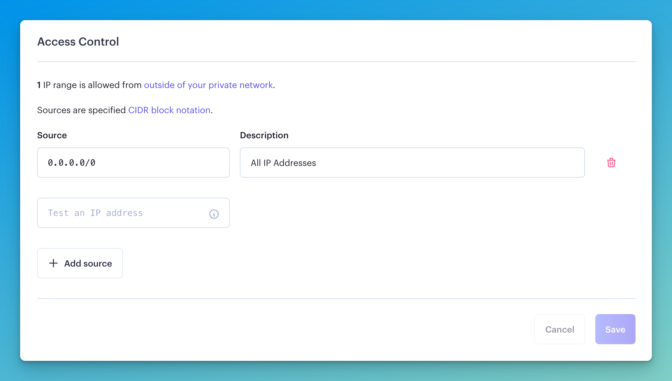 Screenshot showing 0.0.0.0/0 as an allowed IP address when connecting to our Render Redis database